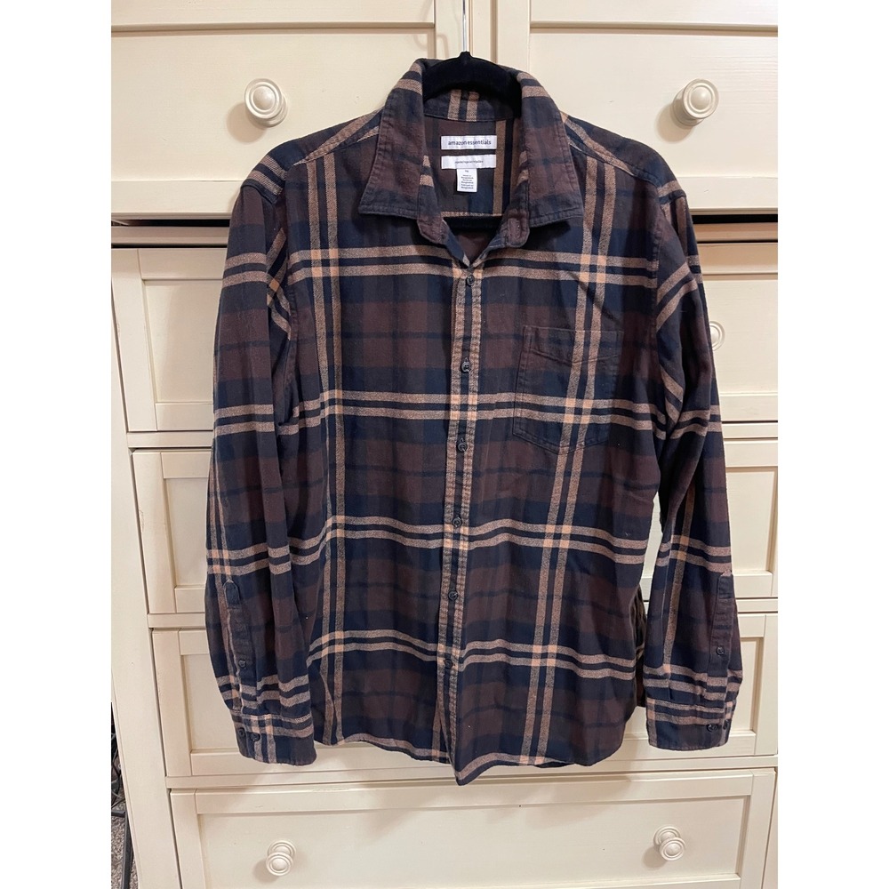 Amazon Essentials Men's Flannel Long Sleeve Button Up Shirt Brown Plaid Size L
